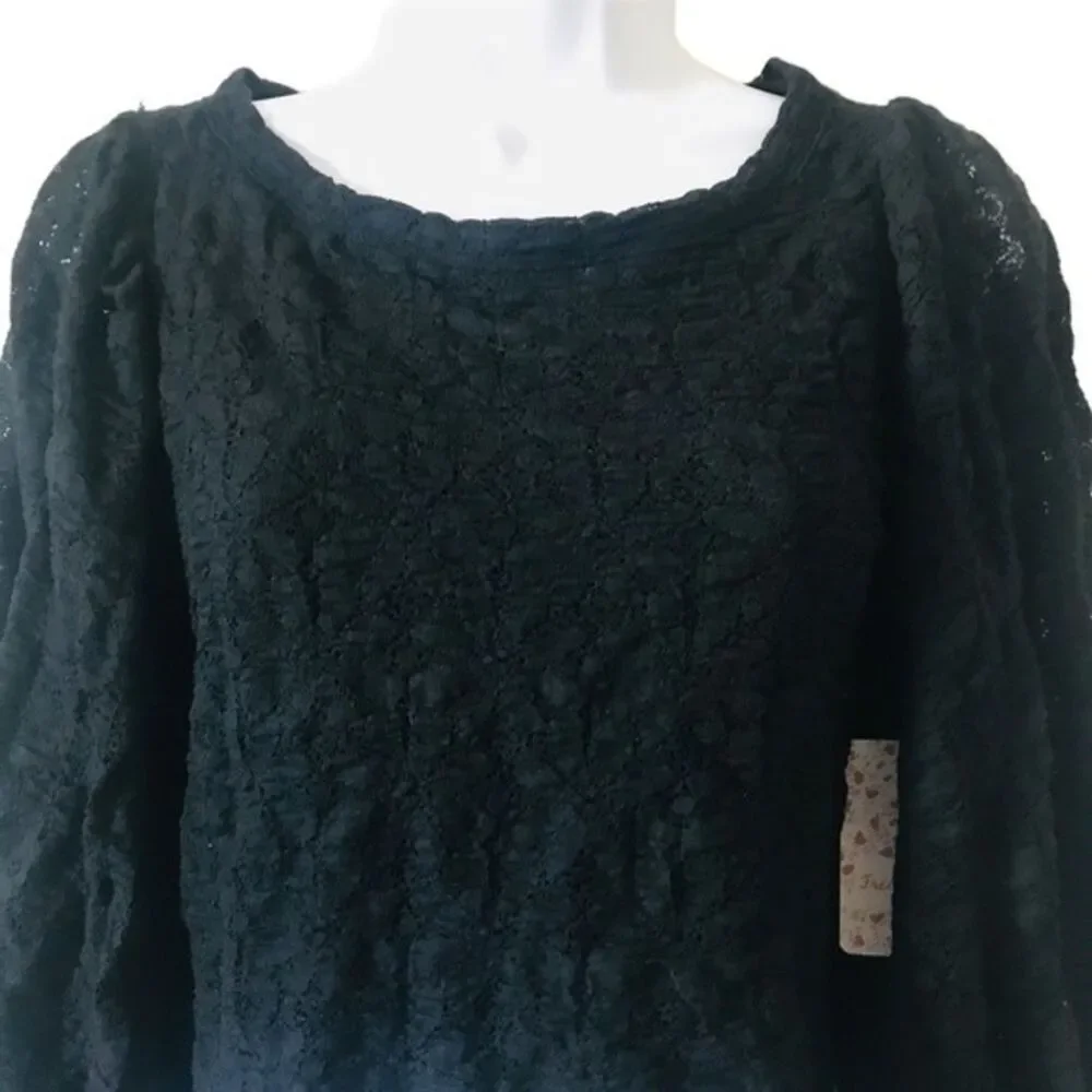 NWT Free People Tea Time top S Black Lace Puff Sleeve cutout cropped Whimsigoth